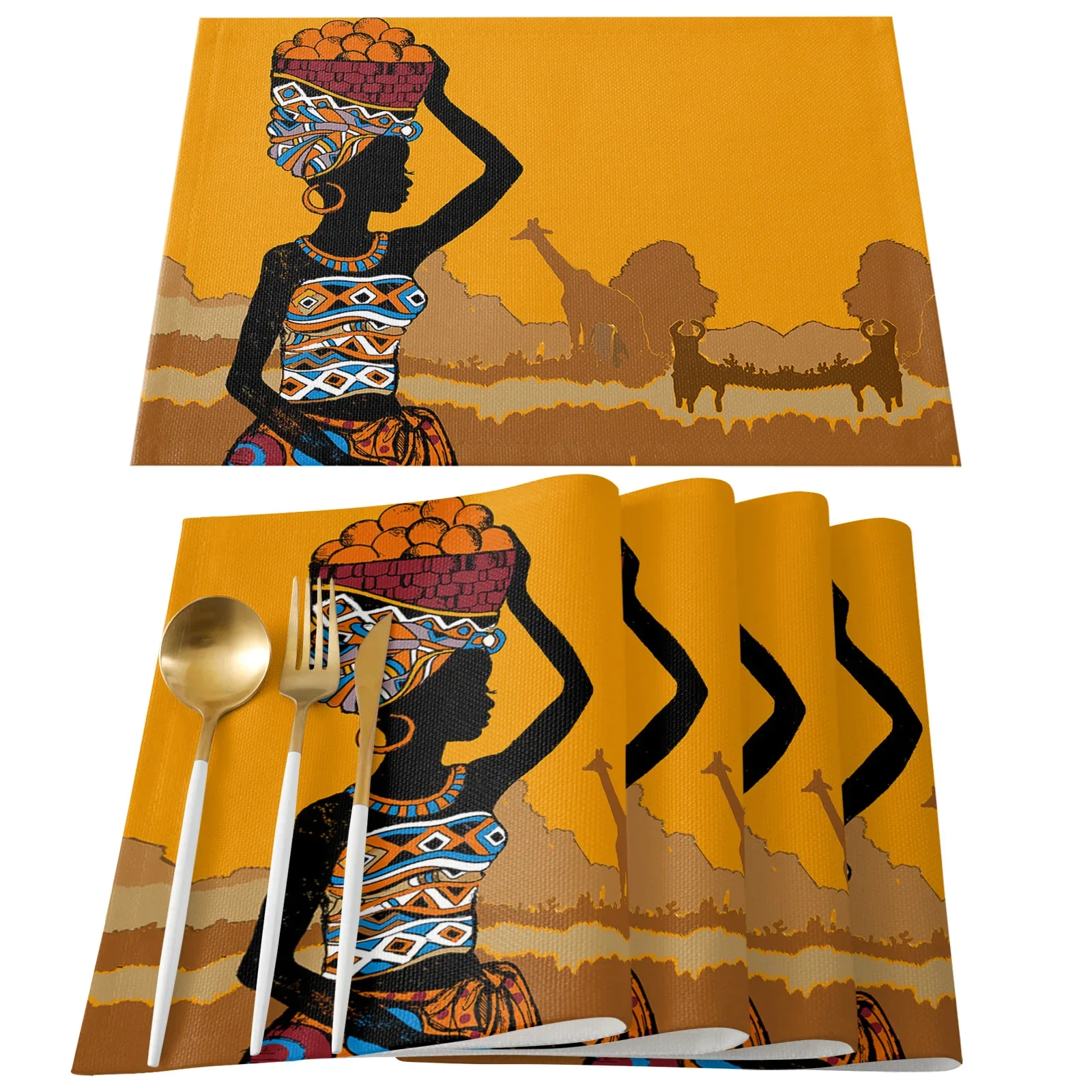 4PCS African Black Woman Giraffe Placemat Wedding Party Dining Decor Linen Table Mat Kitchen Accessories Home Decoration