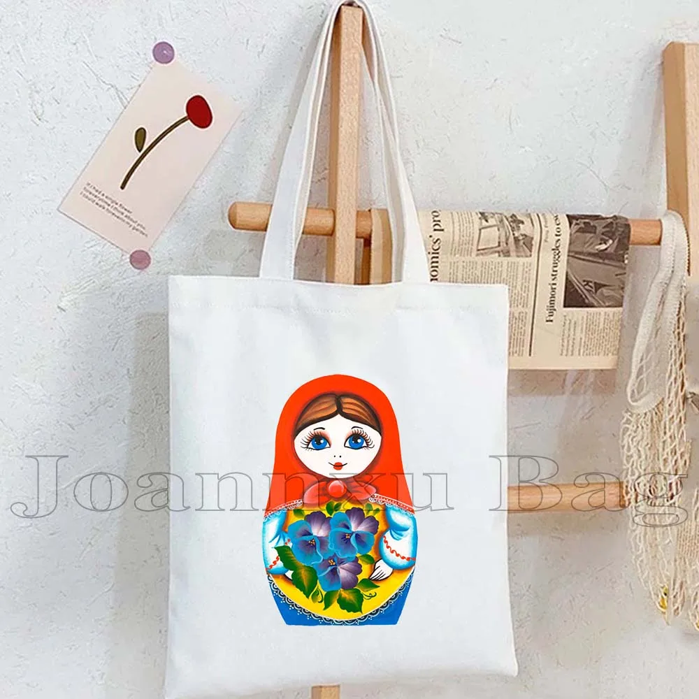 Russian Doll Girl Matryoshka Bear Folk Flower Travel Moscow Kremlin Russia Flag Canvas Shoulder Tote Bag Shopper Cotton Handbag
