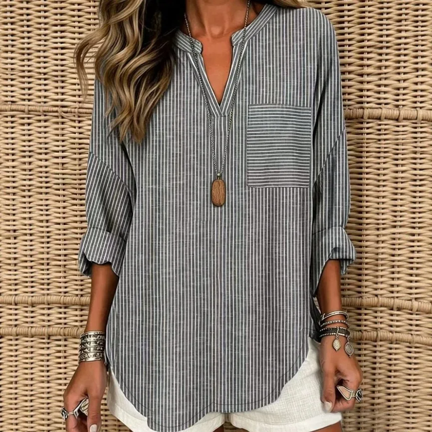 New Women's Notched Collar Long Sleeve Blouse With Pocket Loose Fit Elegant Versatile Trendy Commute Office Daily Wear Shirt Top