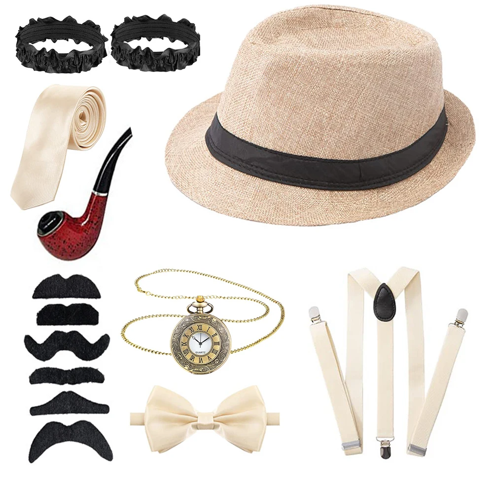 Conjunto de accesorios para disfraz de gángster de Gatsby para hombre, chaleco, sombrero Fedora, Retro, rugiente, años 20, 1920