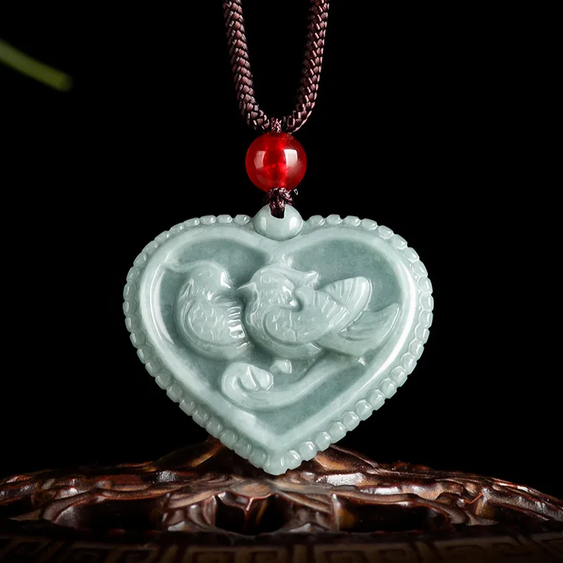 Natural Myanmar A-grade Jade Pendant with Love Mandarin Duck Jade Pendant, High Grade Couple Style Pearl Treasure Jade Necklace