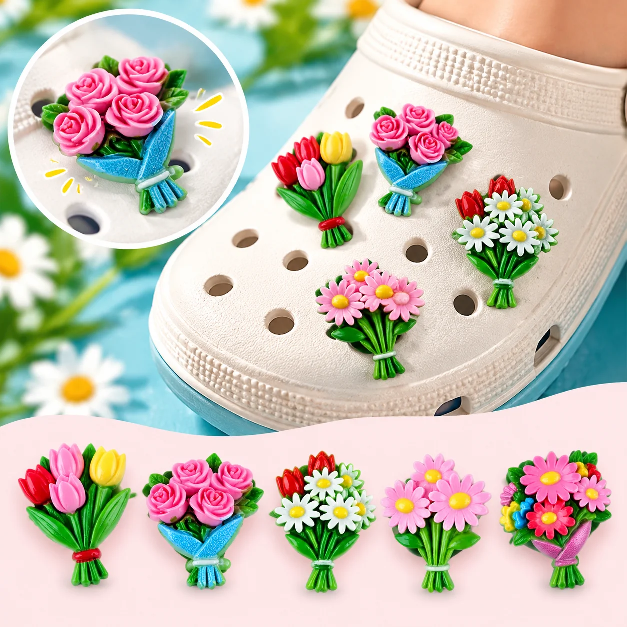 16pcs Mixed Flower Bouquet Resin Shoe Charms - Tulip, Rose & Daisy Clog Decor for Sandals & Beach Bags