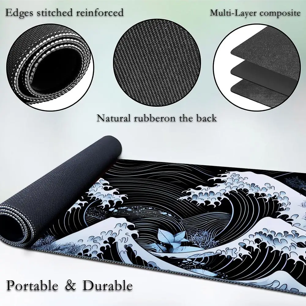 Japanese Wave Art Gaming Mouse Pad Extended Large Desk Mat with Stitched Edges Anti-wrinkle Non-Slip Rubber Base for PC Laptop