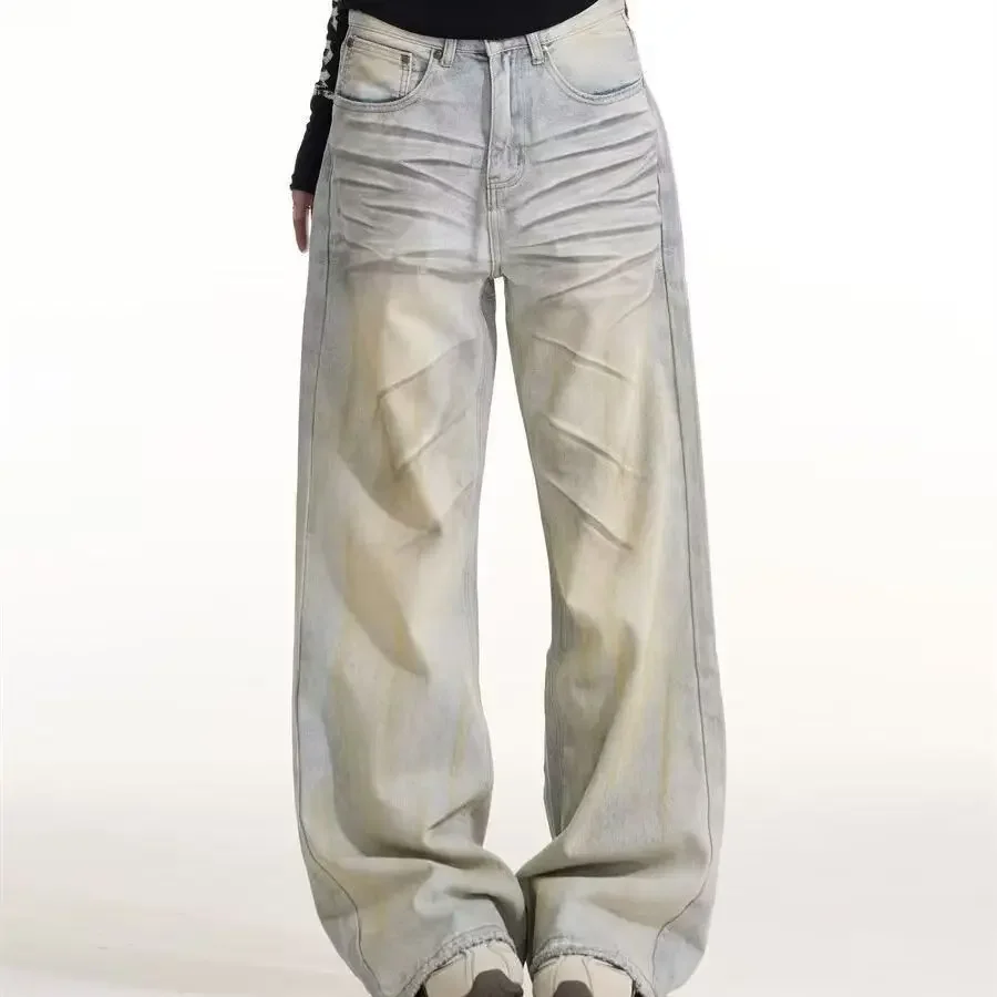 Dirty Dyed Splicing Design Oversized Flared Jeans for Men Women White Cat Whiskers Detail Casual Streetwear Denim Pants
