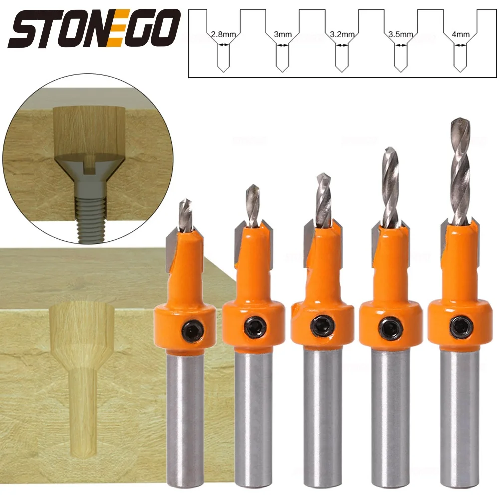 STONEGO 1PC/5PCS 8mm Shank HSS Woodworking Countersink Router Bit Screw Extractor Demolition for Wood Milling Cutter