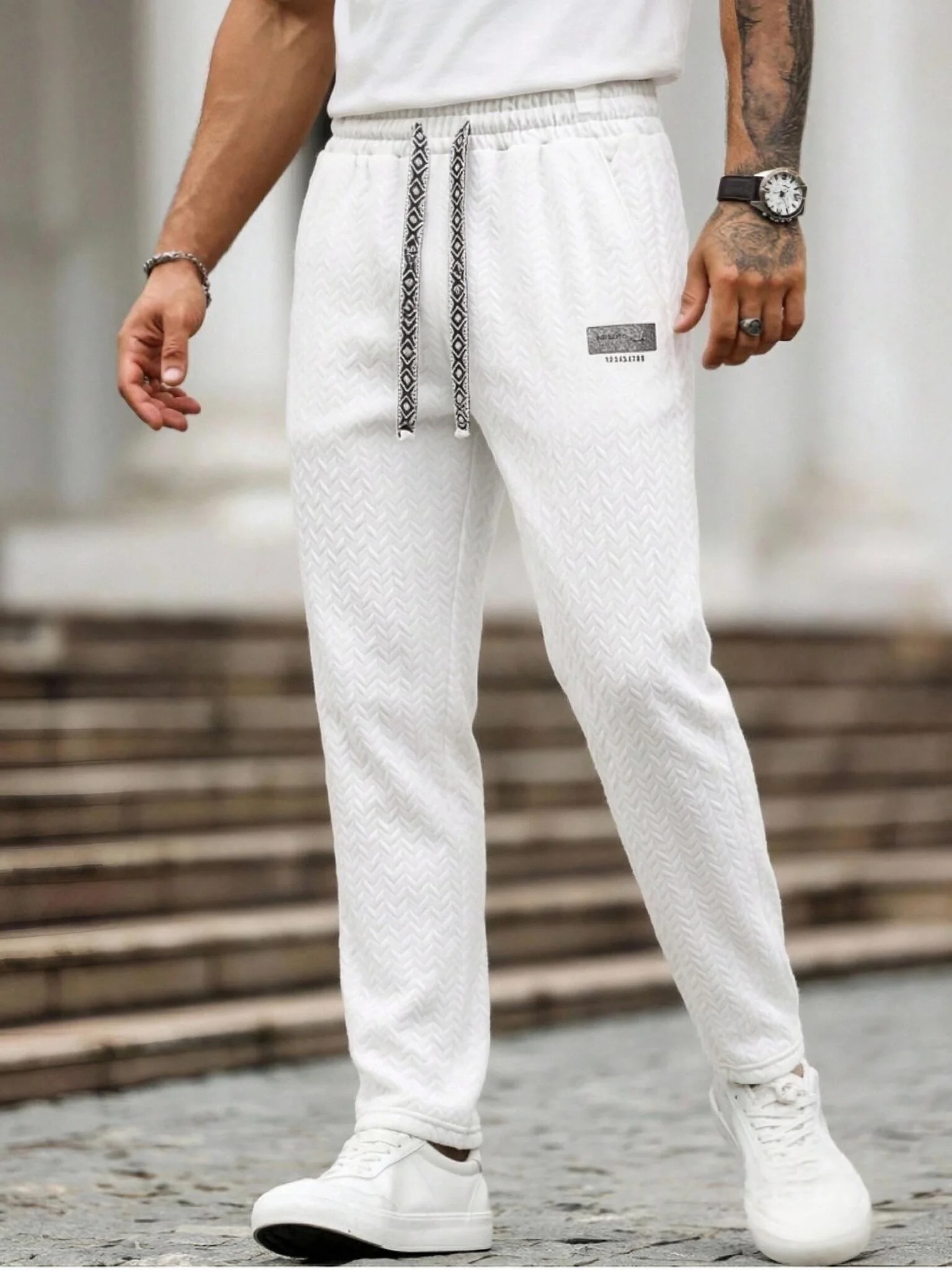 Men’s White Jacquard Straight Sweatpants Small Tag Decor Ethnic Drawstring Elastic Waist Loose‑Fit Daily Male Streetwear Pants