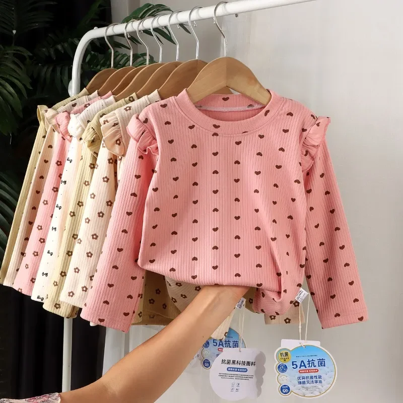 Kids Long Sleeve Bottoming T-shirt 2-10T Cute Floral Love Print Children Boys Girls Sweet Casual Undershirt Tops  Sweet Casual