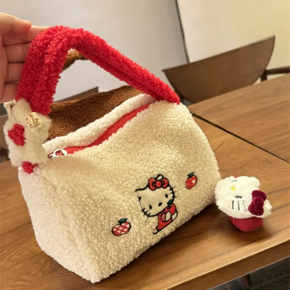 Hello Kitty Makeup Bag Miniso Cute Lamb Hair Portable Toilet Storage Bag Cartoon Plush Autumn/Winter Large Capacity Handbag