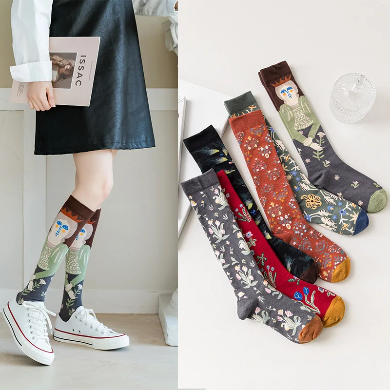 Chic Women Abstract Art Illustration Flower Girl Cartoon Thigh High Sokken Fashion Cute Literary Japanese Korean Style Stocking