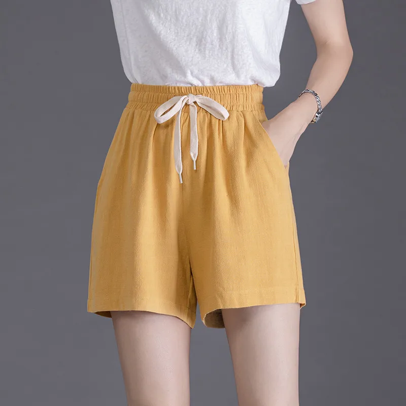 Drawstring Elastic Waist Elastic Crop Pants Women's Loose Mother Summer Thin Linen High Waist Outwear Slim and Fat mm Shorts