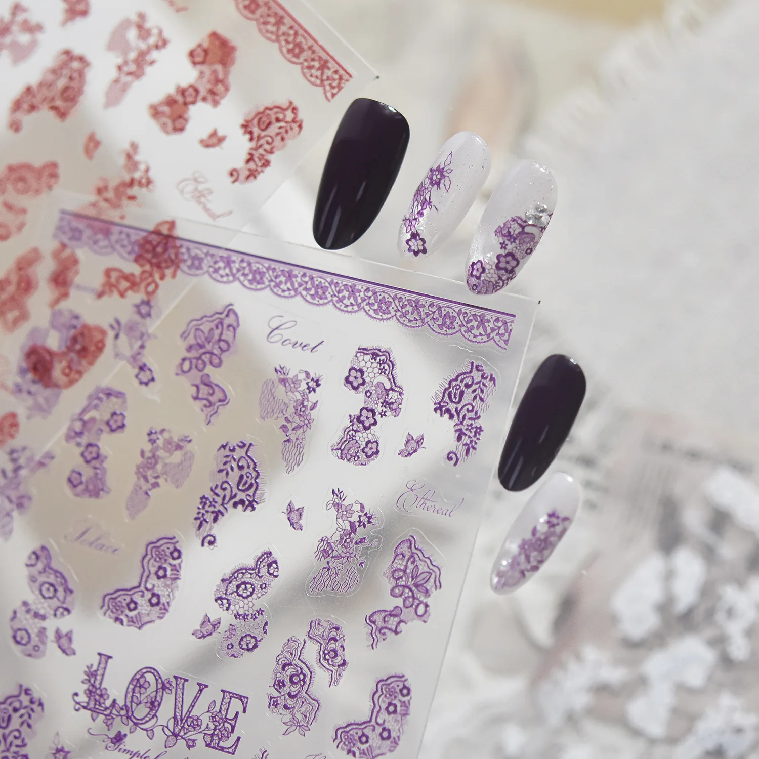 Flat Hollow Lace Nail Sticker Delicate Flower Cluster Vine Butterfly Weaving Gauze Adhesive Nail Art Stickers For Manicure Decal