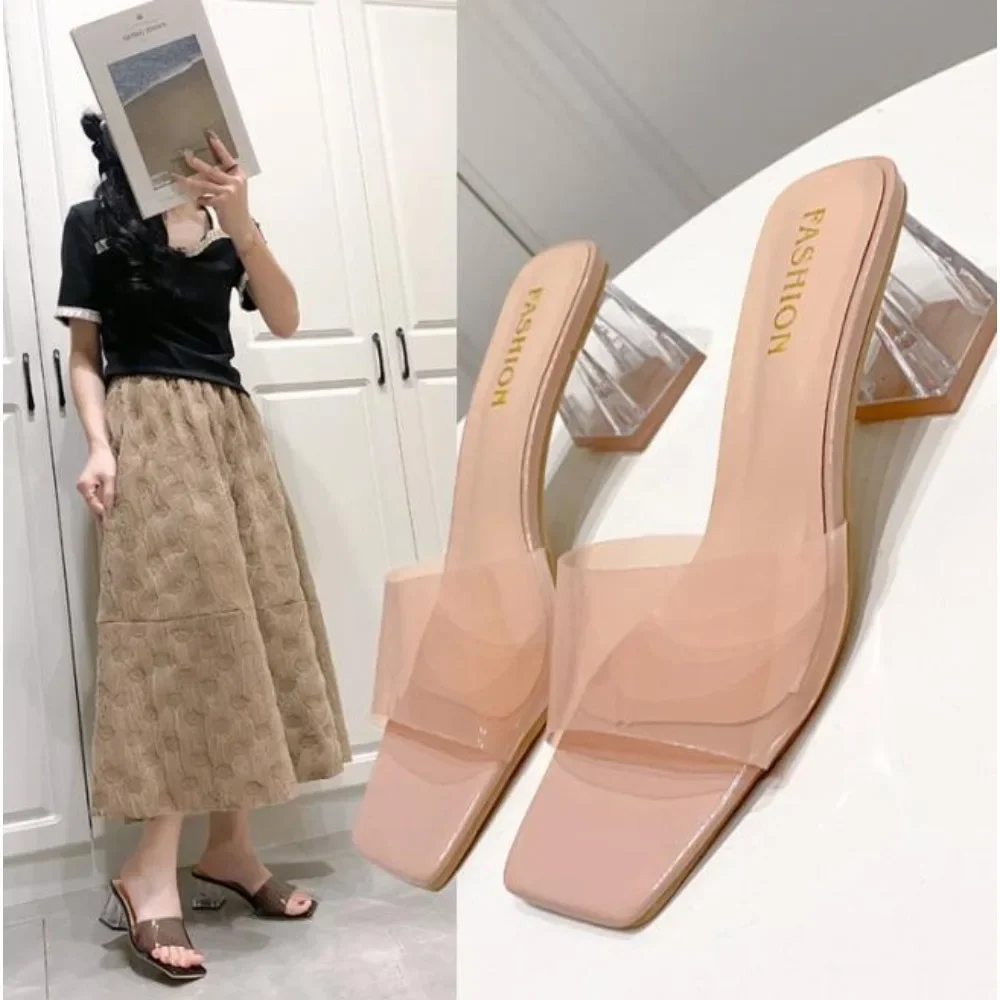 

New 2024 Transparent Heels Slippers Women Summer Plus Size Clear Pvc Sandals Woman Slip On High Heeled Party Shoes Muejr