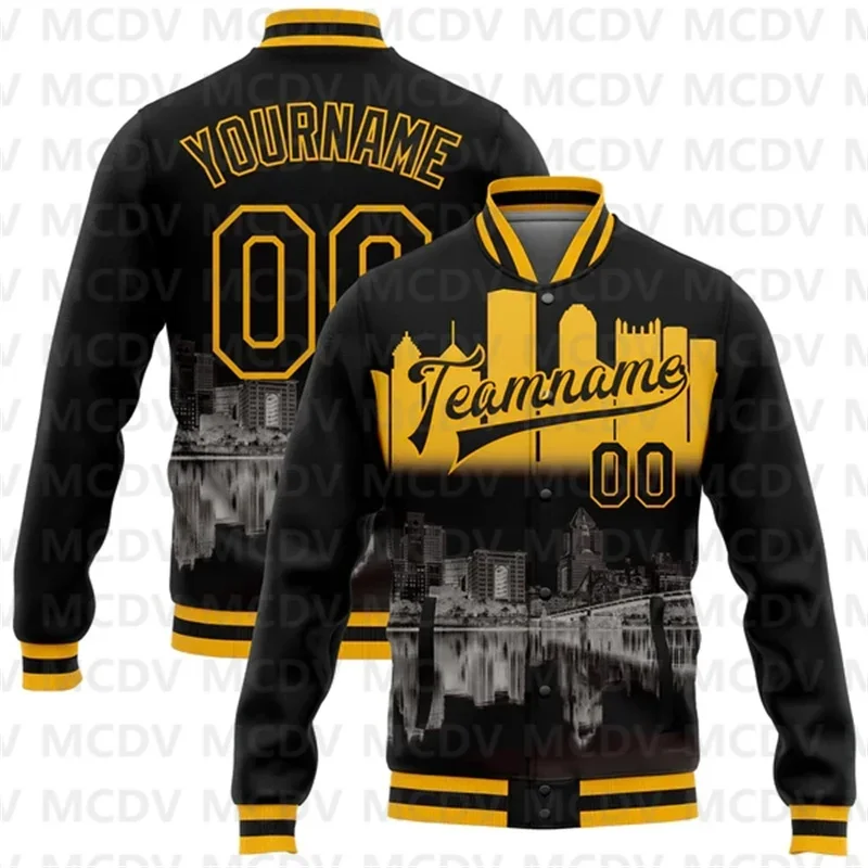 

Custom Black Gold Pittsburgh Pennsylvania City Edition 3D Bomber Full-Snap Varsity Letterman Jacket