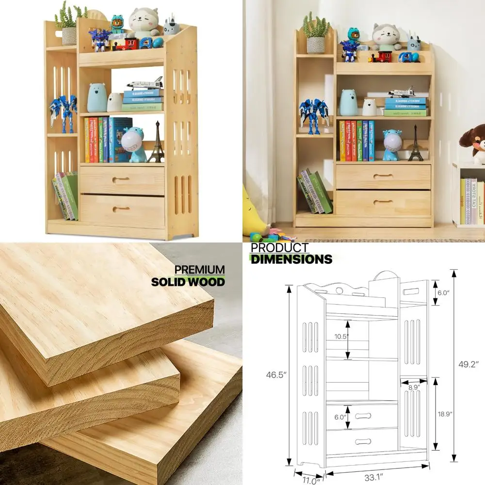 

Natural Wood 3-Tier Bookshelf with Drawers, Free Standing Storage Organizer for Home Display and Cube Shelving