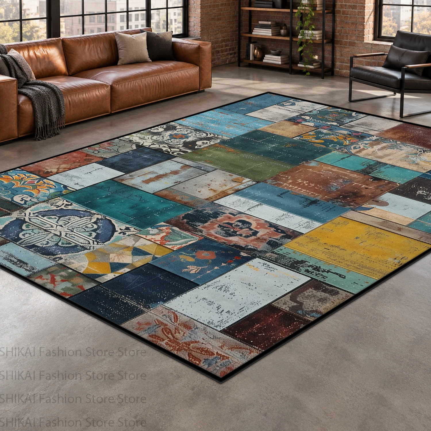 Industrial Rustic Mixed Antique Print Big Size Carpet Pattern Patchwork Non-slip Soft Living Room Rug Stain Resistant Floor Mat