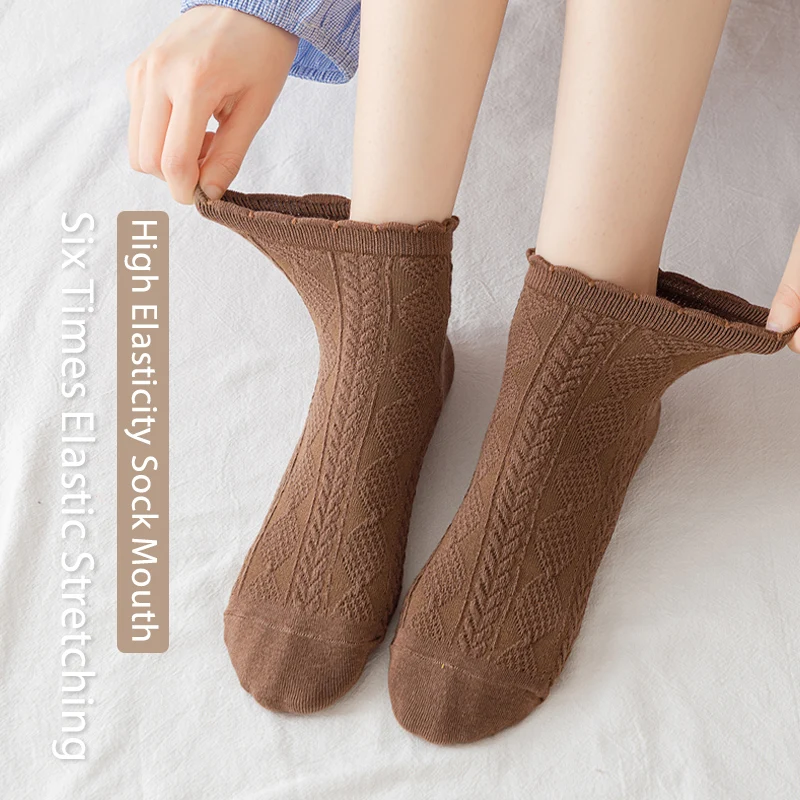 6 Pair Women Is Summer Thin Gradient Solid Cotton Simple Sweet Cute Socks Comfortable Wood Ear Edge Lolita Fashion Wear