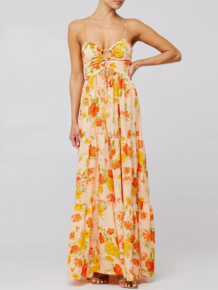 

Women s Spaghetti Strap Long Dress Sleeveless Cross Tie-up Front Floral Print Dress Maxi Slip Dress