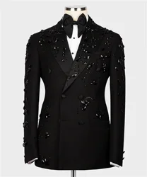 Black Stone Embroidered Men Suits Luxury Beaded Crystals Groom Male Prom Blazers 2 Pieces Sets Double Breasted Costume Homme