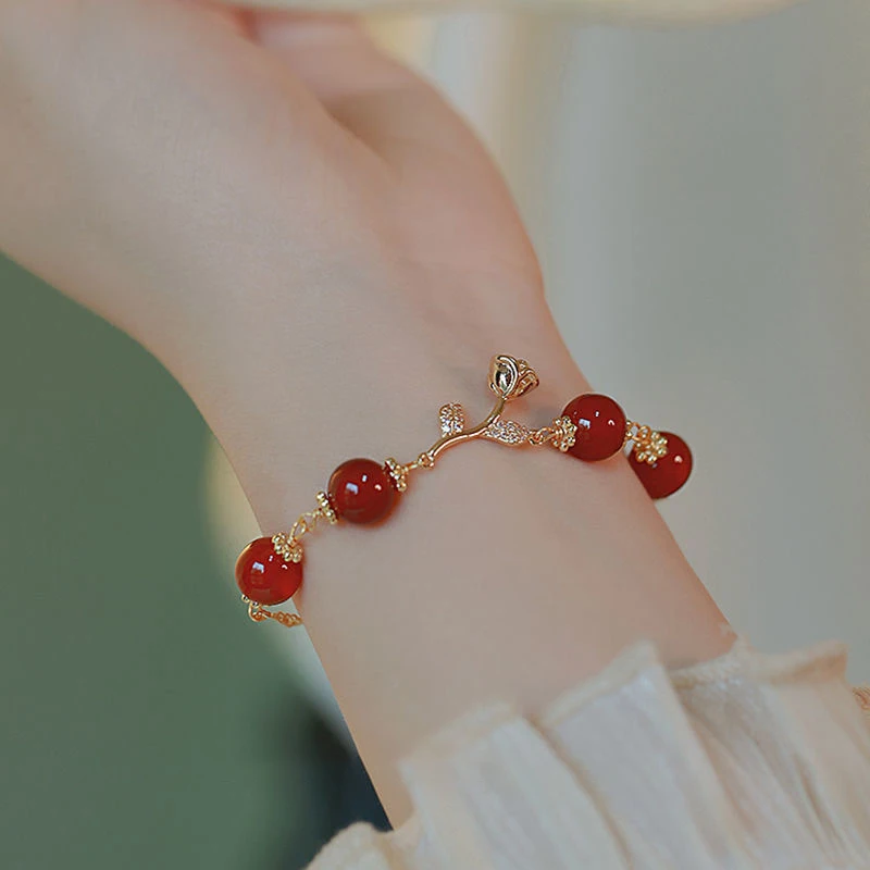 Korean Style Light Luxury Rose Charm Bracelets Fashion Chain Romantic Red Beads Rhinestone Bangle For Women Wedding Jewelry Gift