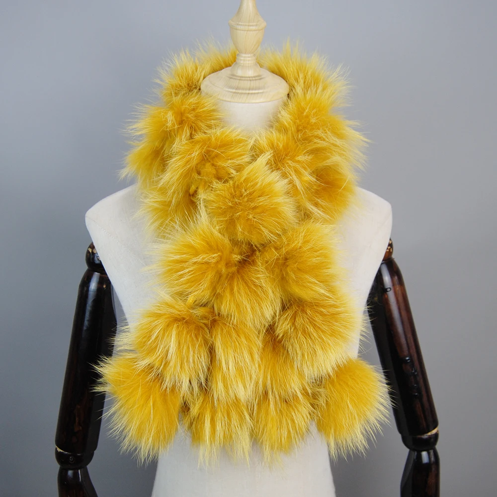 New Style Fashion Luxury Women Real Raccoon Fur Scarves Pompom Lady Winter Warm Natural Fox Fur Scarf Fluffy Genuine Fur Muffler