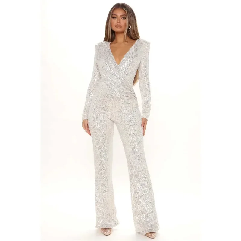 New Fashion Sequins Jumpsuit For Women Long Sleeve V Neck Draped Autumn Winter Rompers Celebrity Evening Party Club Overall