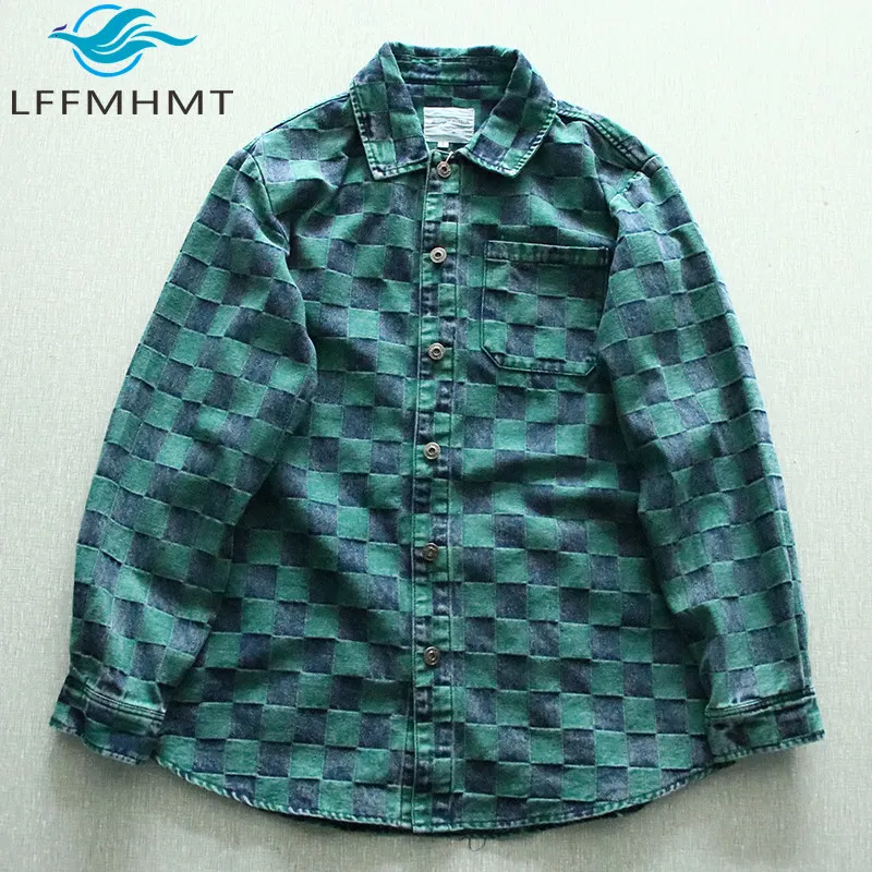 Mens Long Sleeve Plaid Shirt America Style Good Quality Thicken Vintage Streetwear Washed Jacket Denim Coats Cotton Blouse Tops