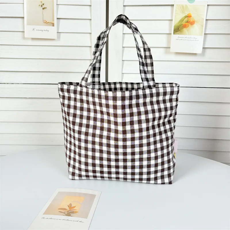 Artistic and Fresh Portable Lunch Bag, Japanese-Style Plaid Mommy Student Simple Fashion Handbag, Small Tote Bag for Outings