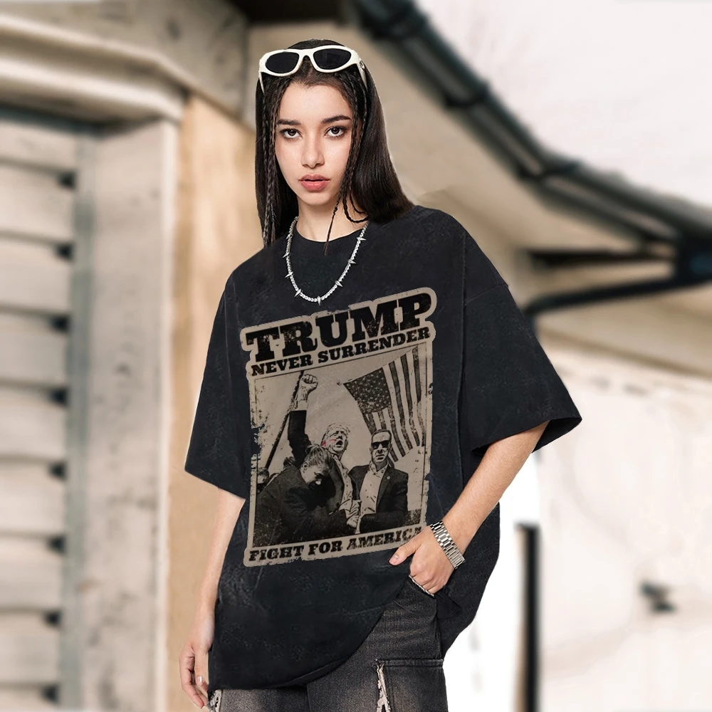 American Retro Nostalgia Trump Assassination Print Women's T-Shirt Loose Unisex Wash Oversized Short Sleeve Top Summer Comfort T