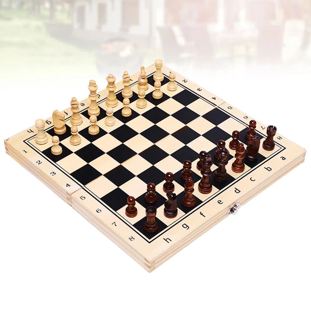 

1 Set Foldable Chess Checkers Set Wooden Case Travel Chess Board Portable Classic Educational Toys for Home Kids Adults (29x29x2