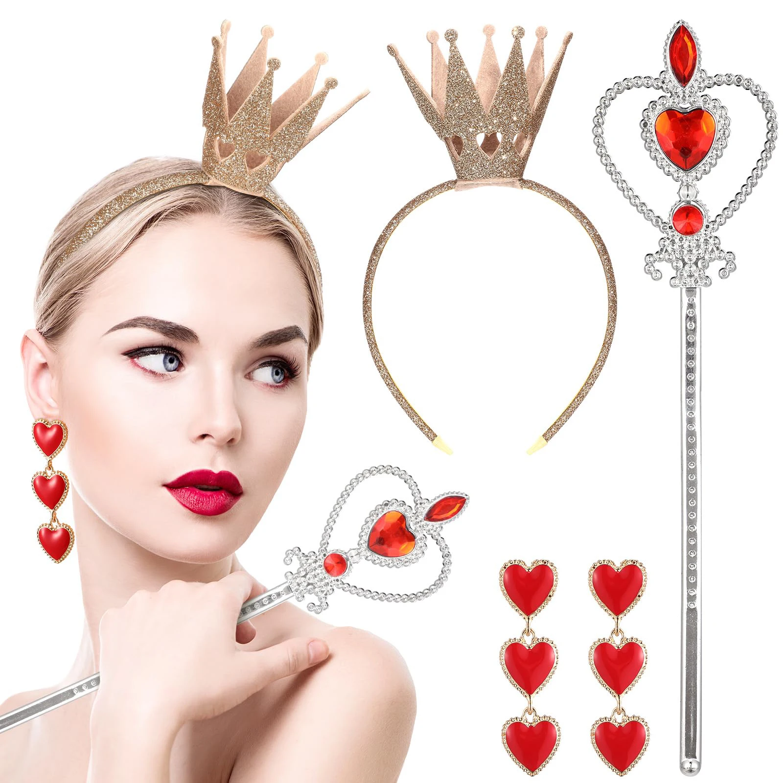 3 Pcs Halloween Queen Cosplay Costume Accessories Crown Headband Heart Rhinestone Scepter Wand Heart Dangle Earrings