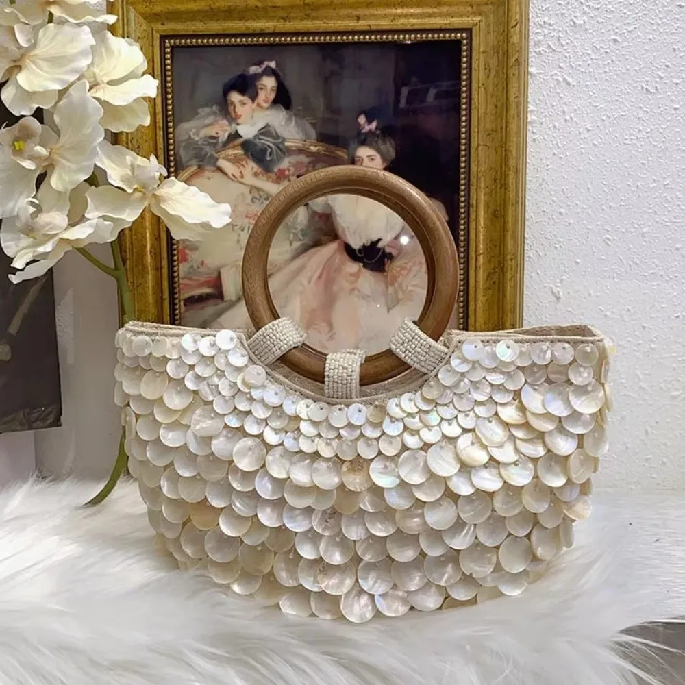 

Handmade Fairy Beaded Bag​​ Shell Embellishments​​ ​Compact Size​​ Woven Shoulder Bag​​ ​​Large Capacity Mermaid Style​​