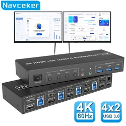 4 Port HDMI KVM USB 3.0 Switch 4X2 Dual Monitor 4K@60Hz Extended Display DP KVM Switch 4 In 2 Out for 4 PC Share Keyboard Mouse