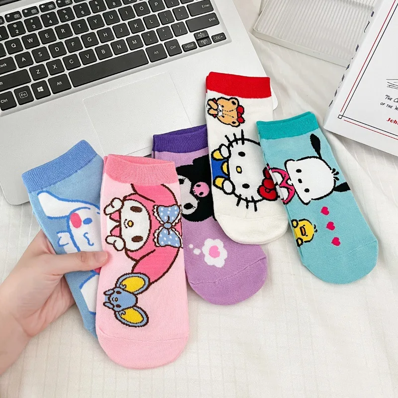 

5Pair Sanrio Hello Kitty Child Socks Kawaii Kuromi My Melody Pochacco Cinnamoroll Short Socks Baby Socks