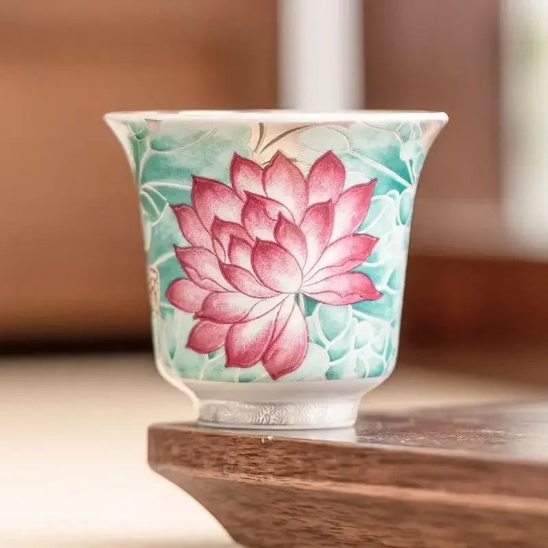 Lotus Pond Moonlight Ceramic Teacup Chinese Light Luxury Handmade Painted 999 Silver TeaSet Special Master Cup for Drinking Tea