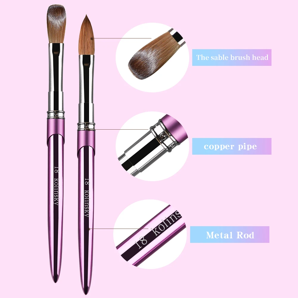 Professionele 100% Kolinsky Nail Art Brush Roze Paars Handvat Koperen Metalen Tekenpen voor Acryl Poeder Nail Tool Maat 2 # -18 #
