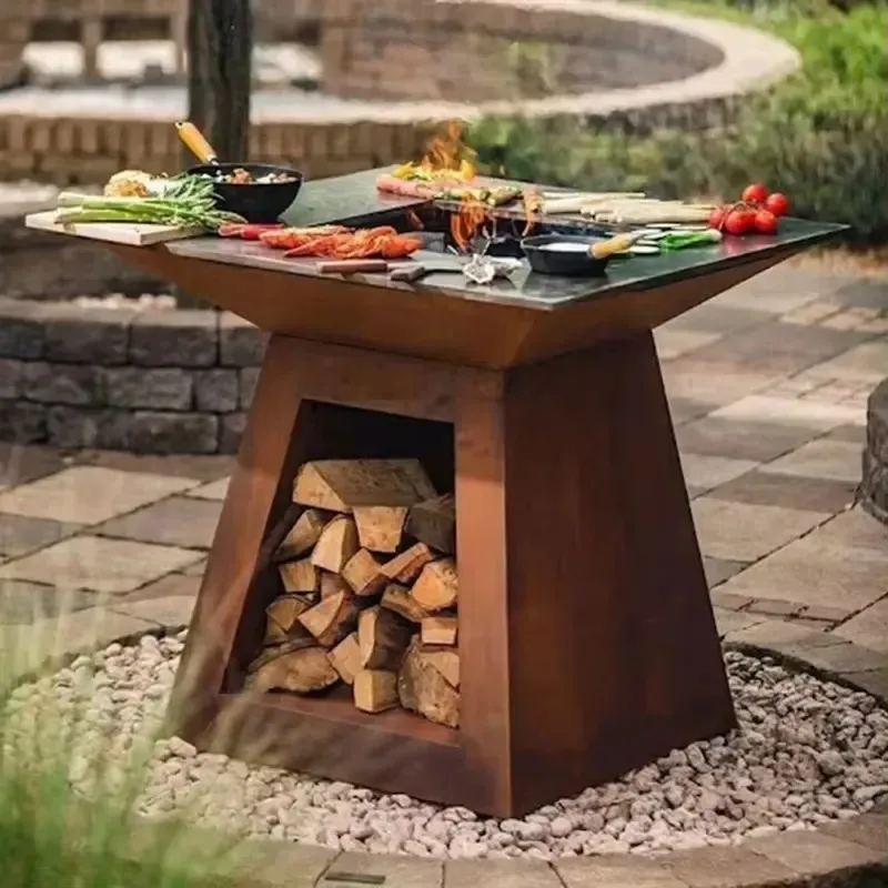 Steel BBQ Grill Table Outdoor Cooking Rust Proof Garden Kitchen Weather Resistant Charcoal with Smoke Function
