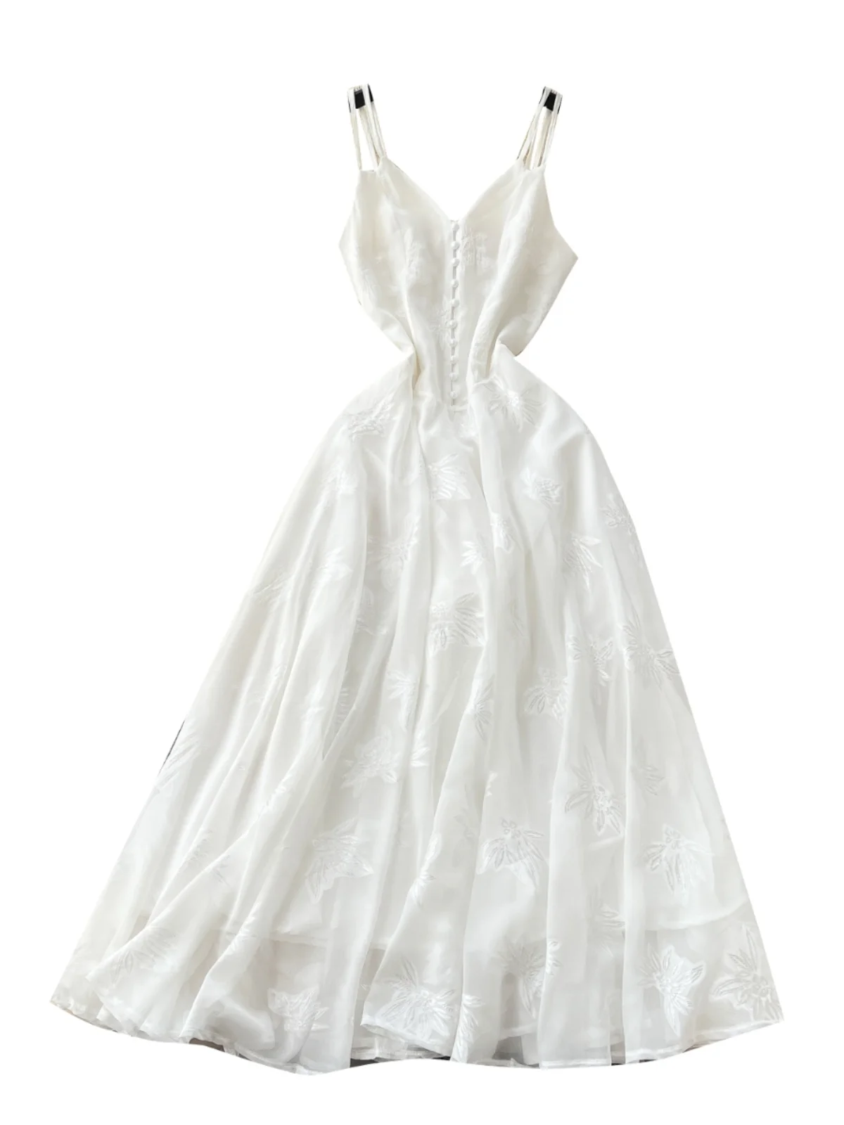 กระโปรงทรงเอไลน์ปักลาย Ele V-Ne สีขาว รุ่น Dr Holiday ทรงสลิมมีเข็มขัด สายรัดเอว ความยาวปานกลาง สไตล์เกาหลี ไม่มีซับใน