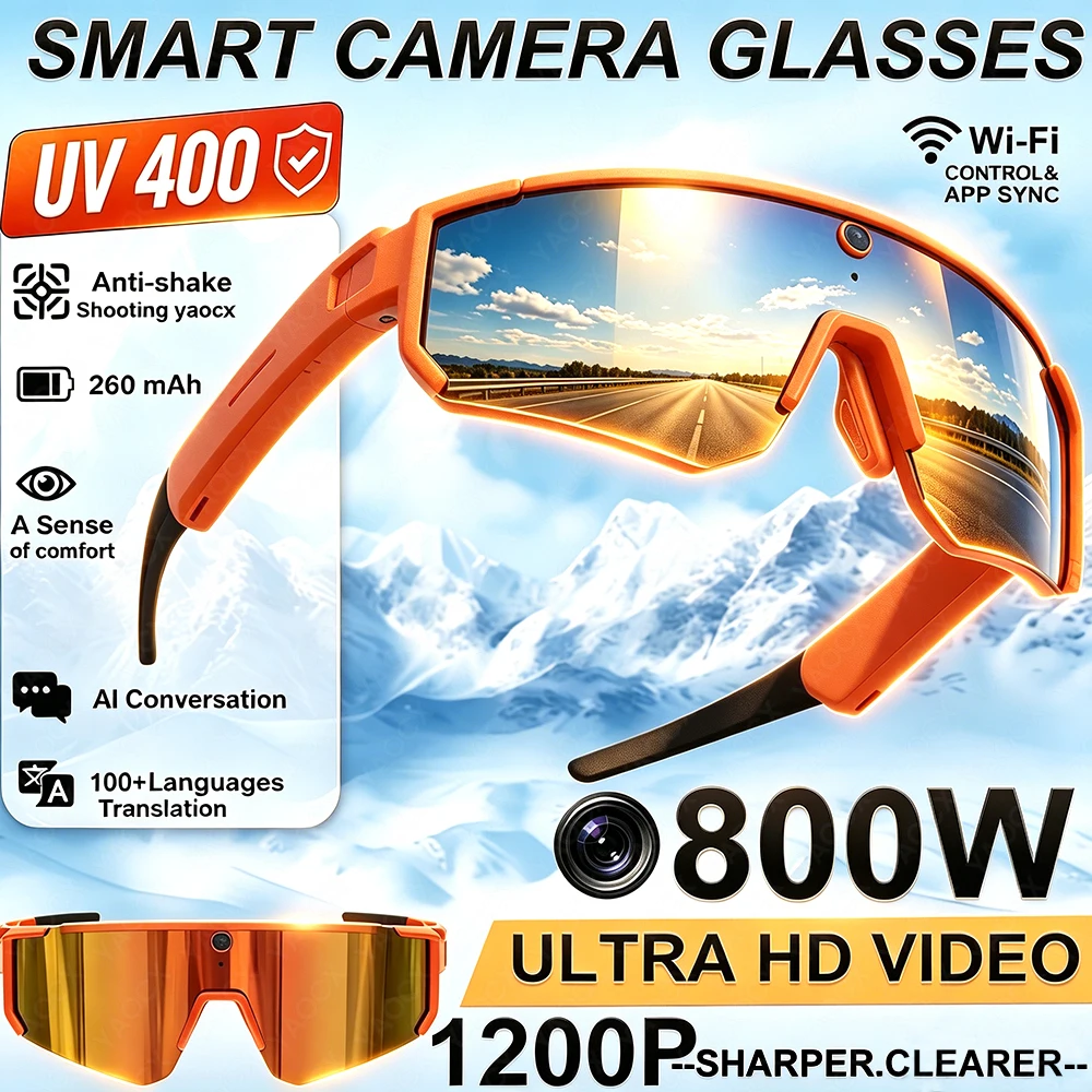 Lunettes de soleil connectées IA 2026 pour le sport avec caméra ChatGPT 1200P, vidéo 4K anti-tremblement, pour le cyclisme, traduction et double microphone