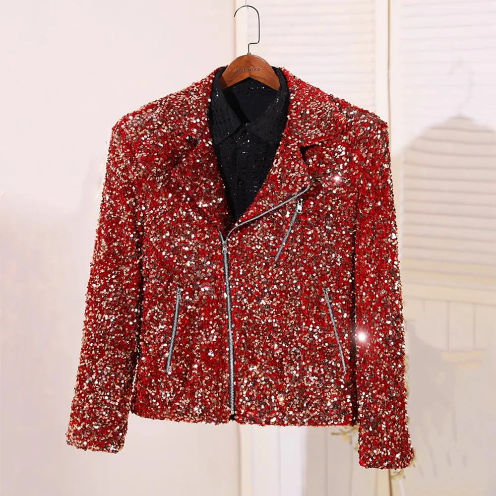 

Men's Red Sequin Velvet Motorcycle Jacket Zipper Casual Coat Male Punk Singer Bar Concert Stage Performance Costume Silver
