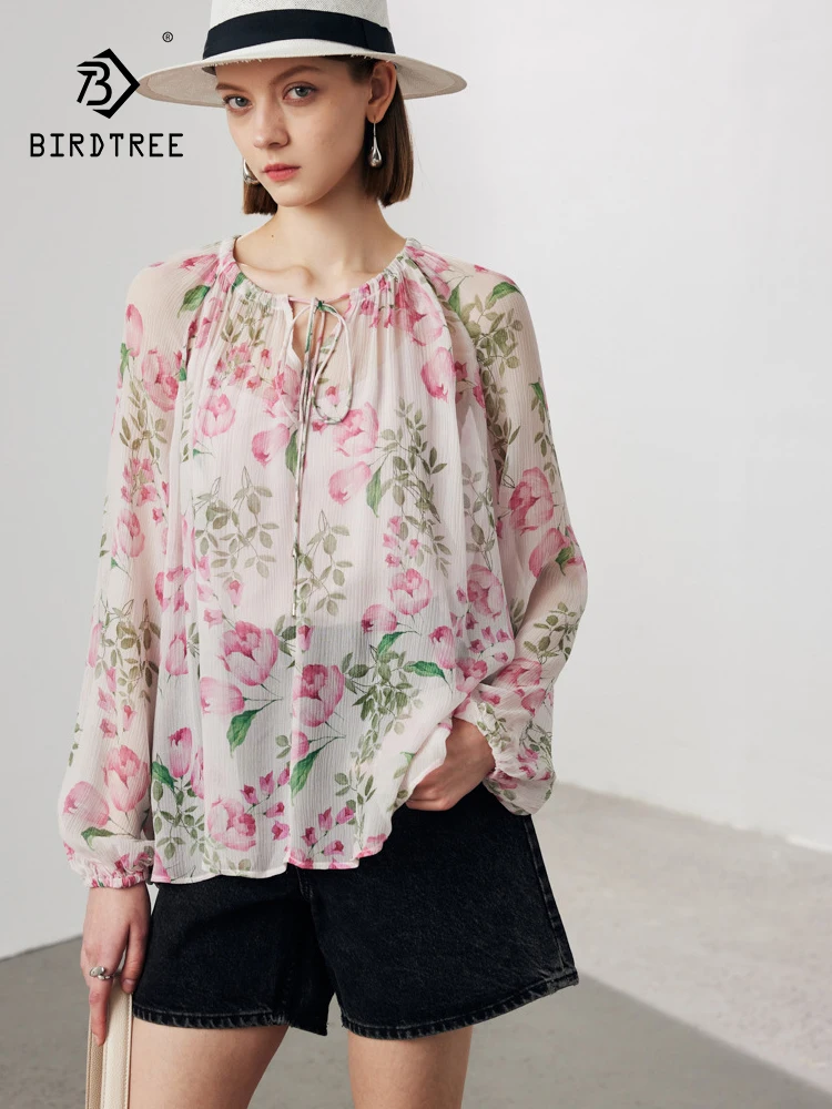 BirdTree, 6A 100%Real Silk Elegant Shirt, Women Long Sleeve Floral, French Vacation Loose Two Piece Blouse, Summer Fall T49422CC