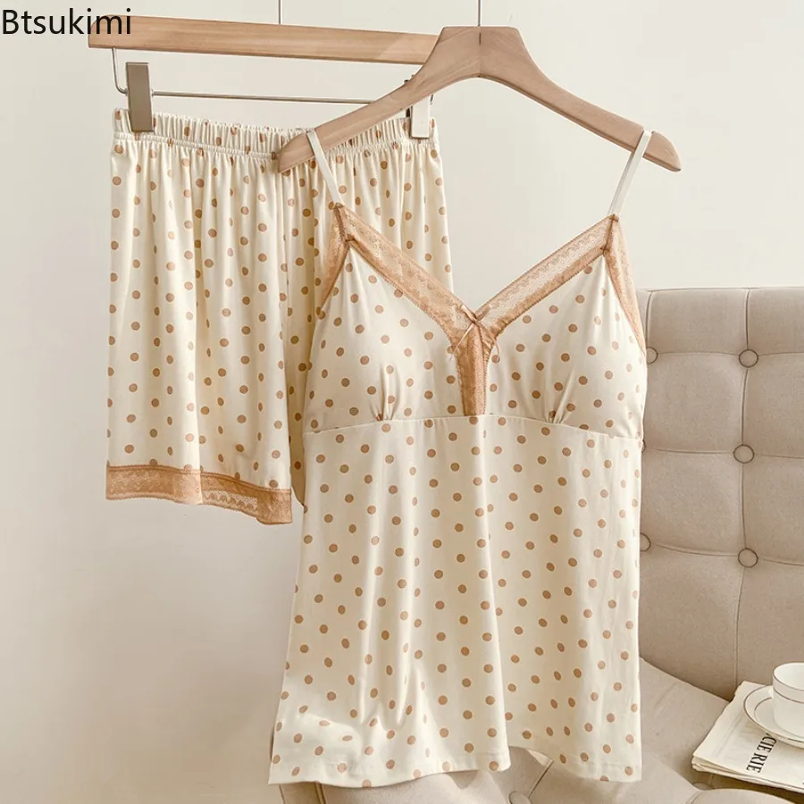 New Women's Summer Sleepwear Polka Dot Modal Sling Shorts Pajama Set V-Neck Chest Mat Comfortable and Sexy Home Clothes Ladies