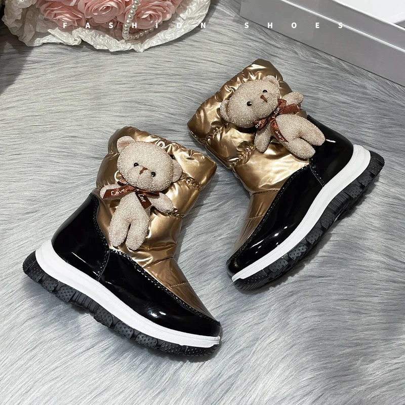 Kids Shoes Winter Boots for Boy Waterproof Pu Upper Baby Girls Child Plus Velvet Thickened Footwear Non-Slip Warm