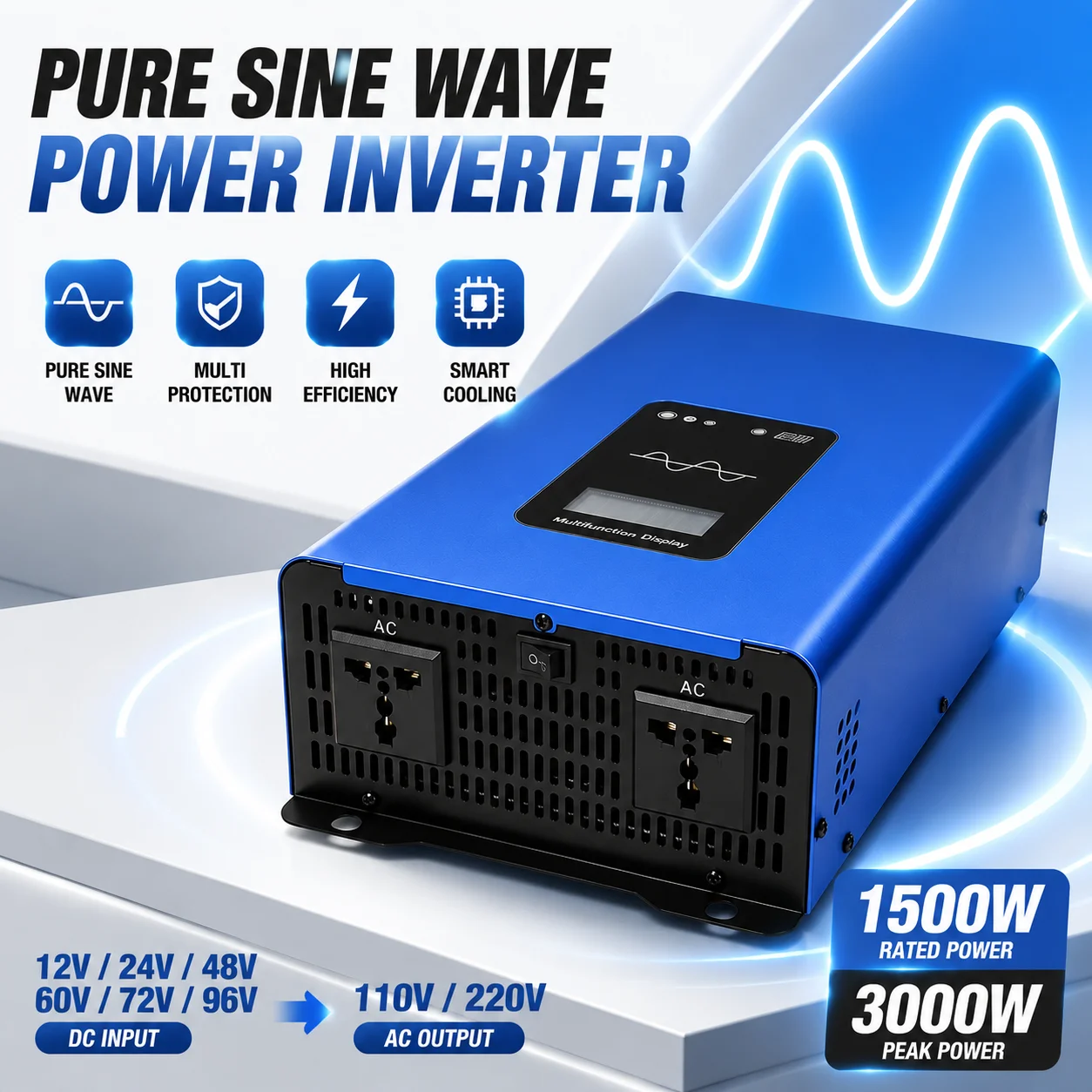Fonsoul Pure Sine Wave Solar Inverter 1600W DC 12V 24V to AC 110V 220V Home Appliance Lead Acid/ Lithium Battery Universal Socke