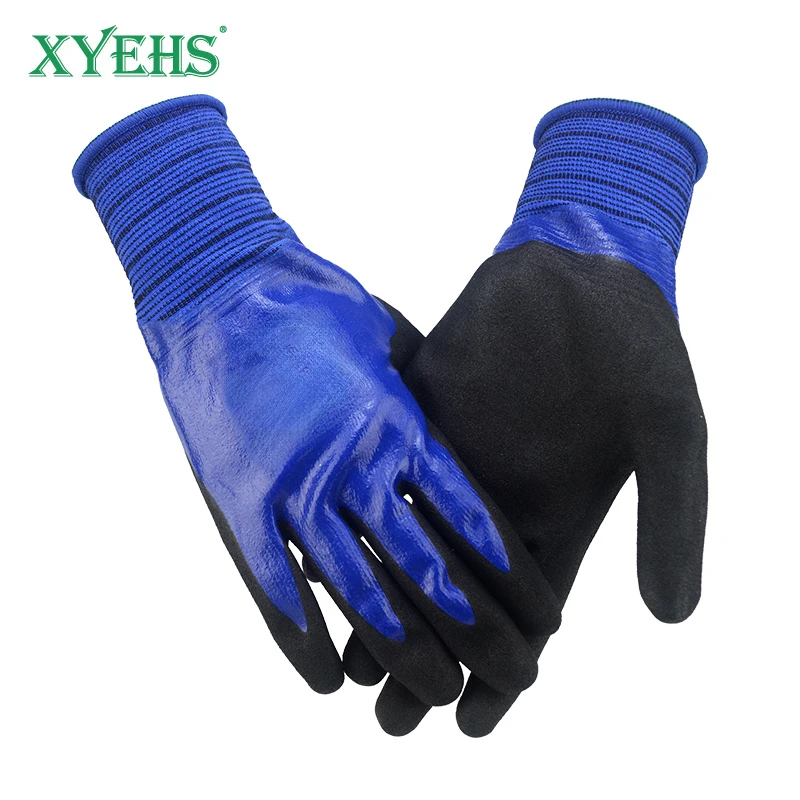 XYEHS 12 Pairs Dual-Layer Full Nitrile Coating Safety Work Gloves, 18 Gauge Nylon & Spandex Lining, Water & Oil Resistant