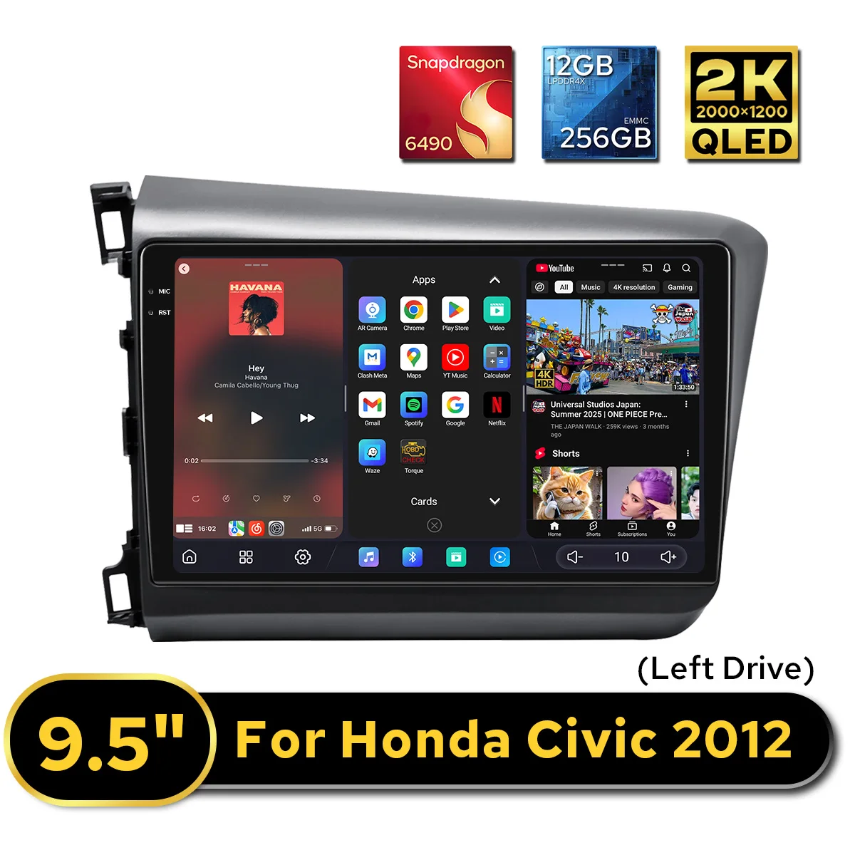 وحدة رأس راديو ستيريو للسيارة مقاس 9.5 بوصة Ultra 2K لهوندا سيفيك 2012-2015 2000x1200 وذاكرة وصول عشوائي 12 جيجابايت وذاكرة قراءة فقط 256 جيجابايت أندرويد Auto & CarPlay #1