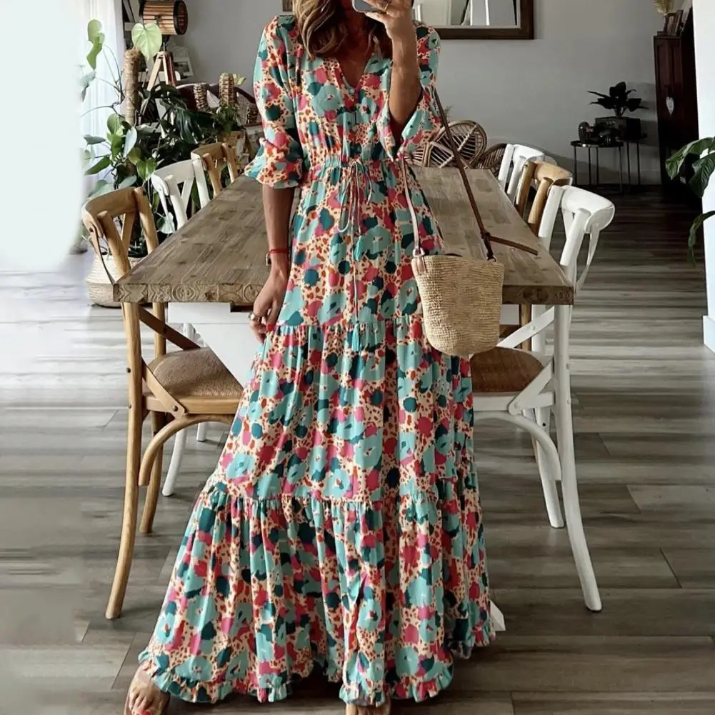 

V-Neck Long Sleeve Maxi Dress Drawstring High Waist Ankle Length Bohemia Print Ruffle Large Hem Dress Female Clothing A-Line