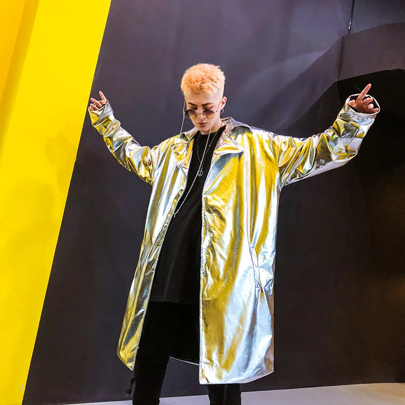 Shiny Gold/Silver Performance Long Trench Jackets for Men DJ Night Club Stage Dance Performance Glossy Windbreaker Cloak Coats