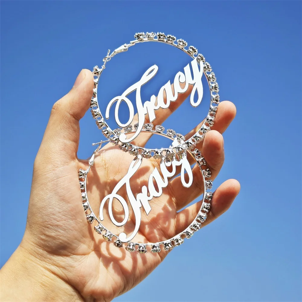 2023 Custom Name Hoop Earring Personalized Stainless Steel Crystal Earring Colorful Paved Diamond Earring For Women Jewelry Gift