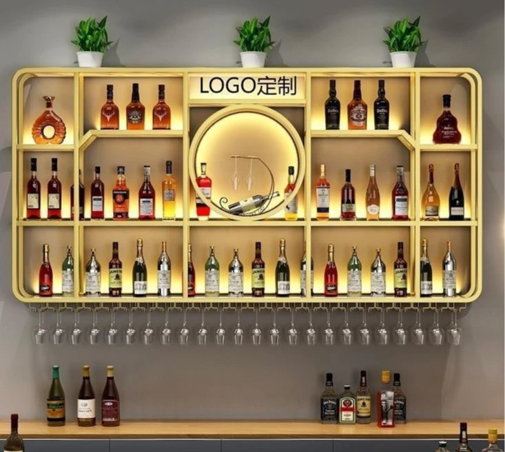 

Bar wrought iron luminous display rack, restaurant wine wine cabinet bar counter background wall-mounted wine rack rack