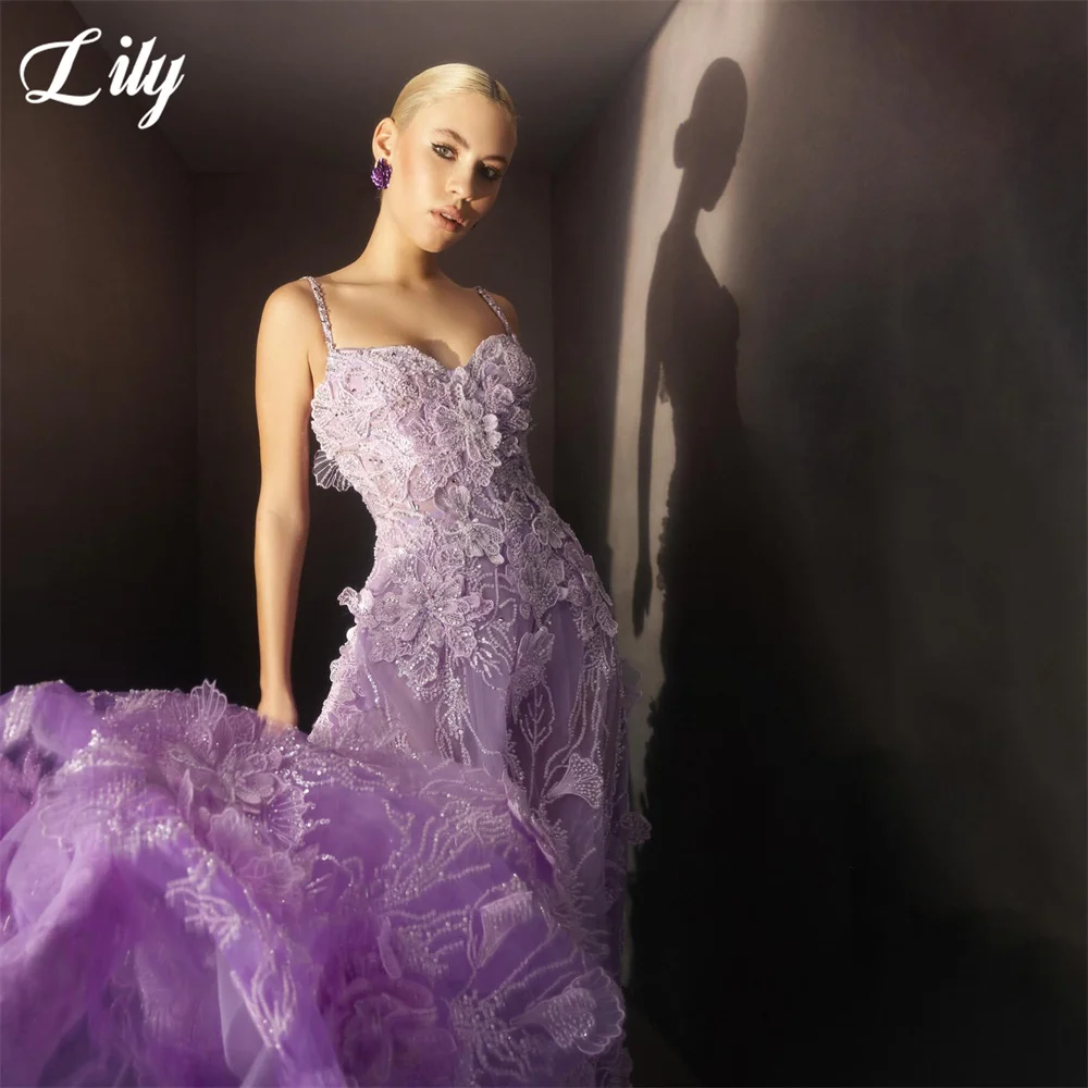 Lily Lavender Floral Tulle Formal Gown Spaghetti Strap Prom Dresses Beaded A Line Evening Dress Dreamy Modern Style Customized - view 3